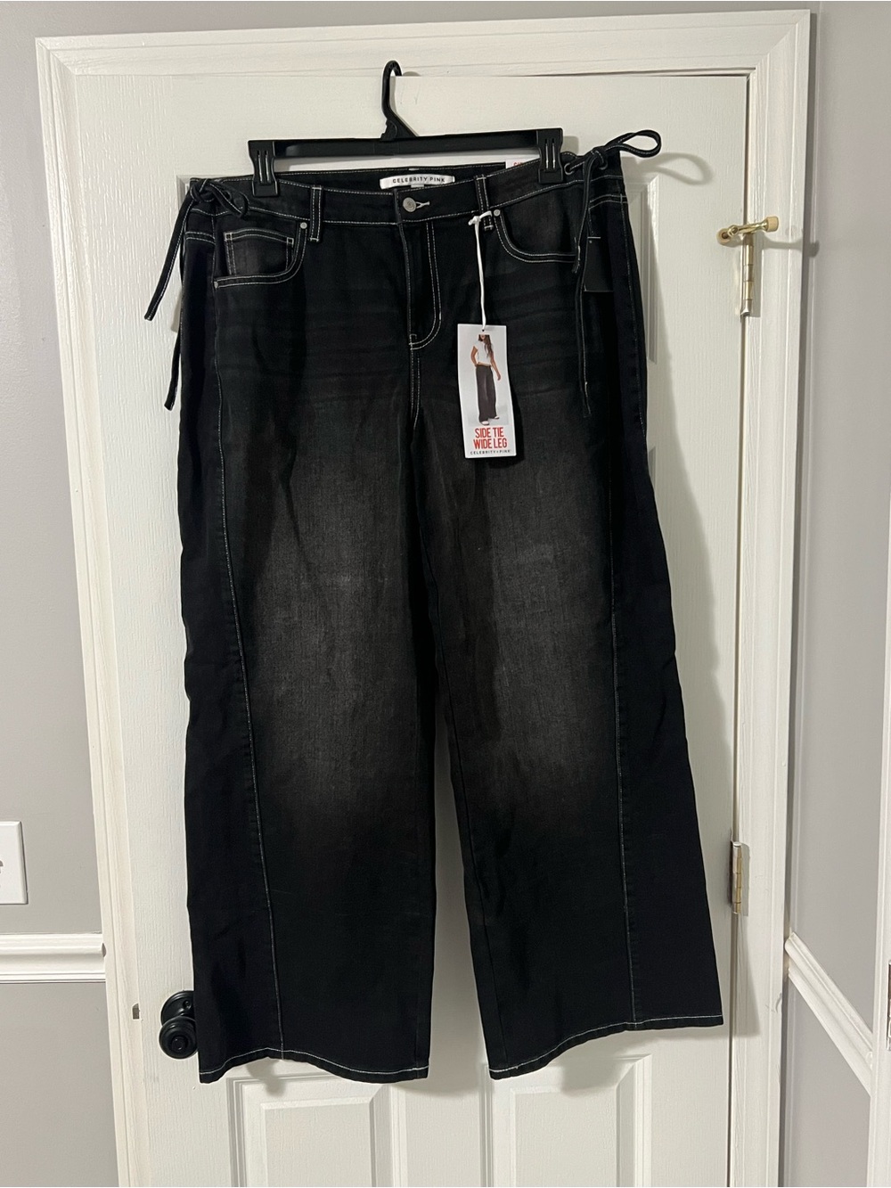 Celebrity Pink Black Wide-Leg Jeans with Side Tie Detail